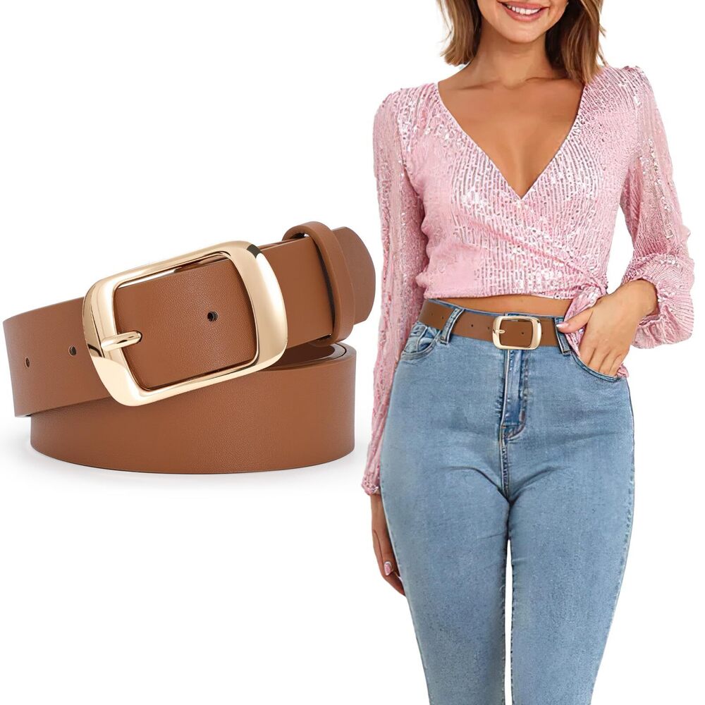 2895 Fashion Womens Leather Belt, Soft Waist Belt With Gold Pin Buckle